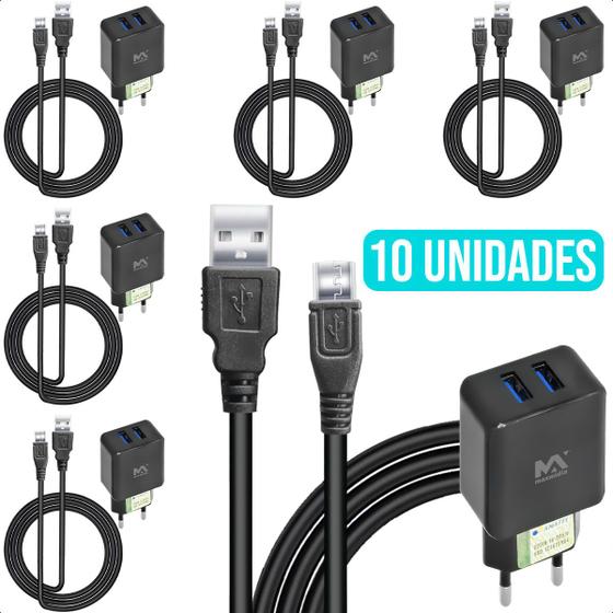 Imagem de Kit 5 Unidades Cabo V8 Micro Usb 1.8 Metros Com Fonte Turbo Viagem Duas Entradas Usb