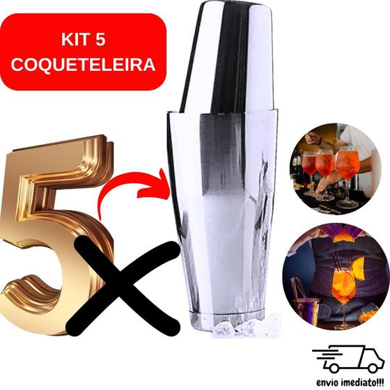 Imagem de Kit 5 unidades Coqueteleira Inox  Boston 820 ml com 2 Copos para Cozinha Coquetéis Drinks Bebidas Batidas Barman Barmen Profissional