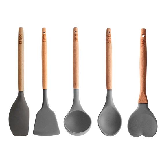 Imagem de Kit 5 Utensílios Colher Concha Espátula Bambu Silicone