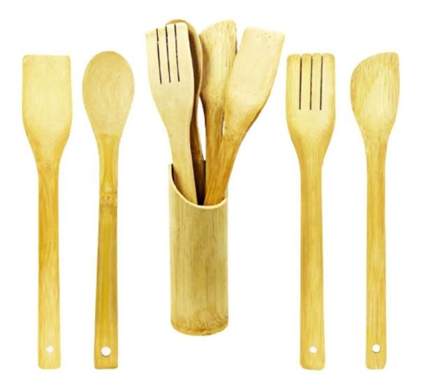 Imagem de Kit 5 Utensílios de Bambu Espátula Colher Ecológico Cozinha Culinária Madeira Natural