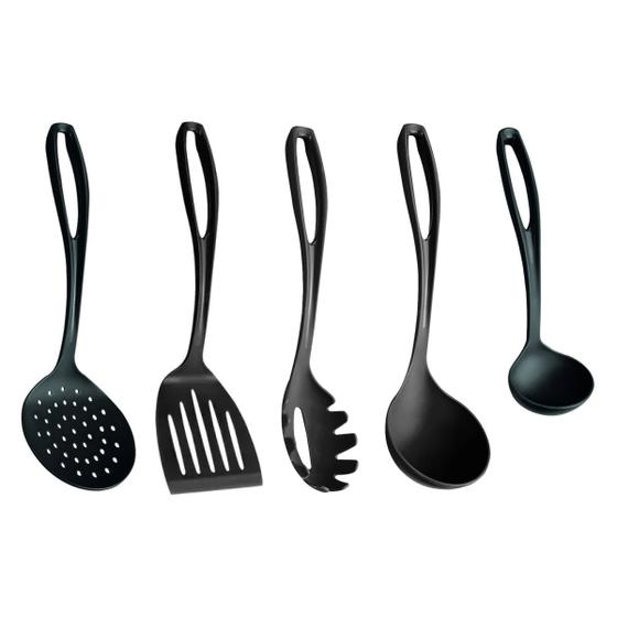 Imagem de Kit 5 Utensílios de Cozinha em Nylon Pretos Colher Espátula