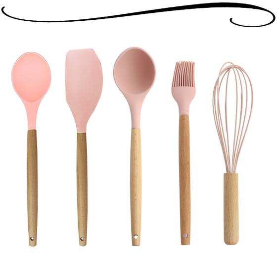 Imagem de Kit 5 Utensílios de Culinária Cozinha Em Silicone e Cabo de Madeira Fouet Espátula Colher Concha Pincel