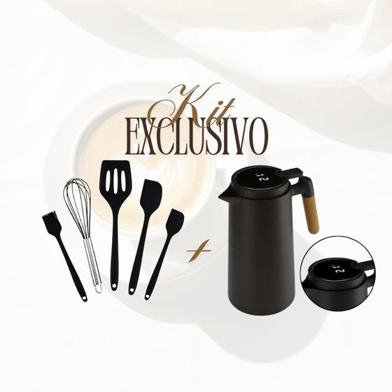 Imagem de Kit 5 Utensílios Silicone /  1 Garrafa Térmica com termometro digital 1L