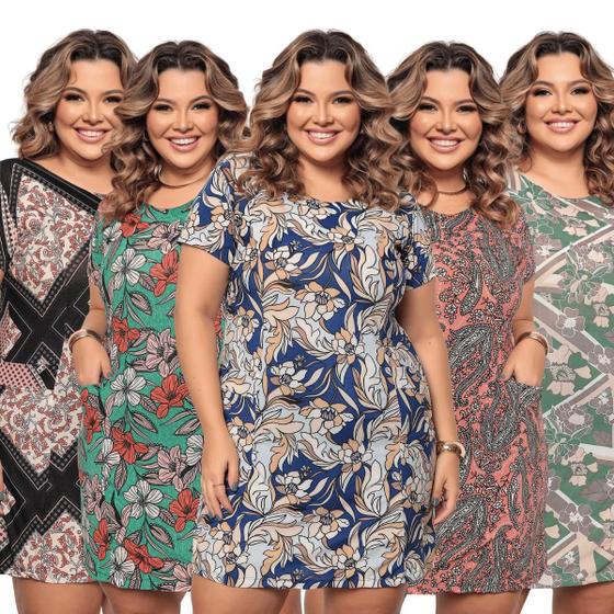 Imagem de Kit 5 Vestido Plus Size Básico com Bolso Estampado Versátil