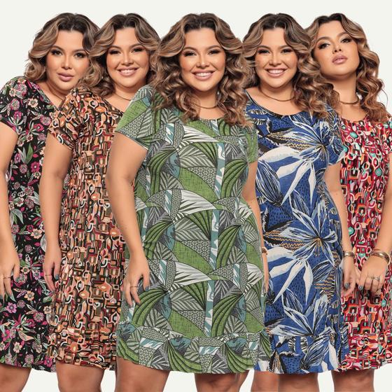 Imagem de Kit 5 Vestidos Plus Size Soltinho Multiuso Estampado Barato