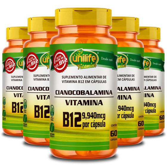Imagem de Kit 5 Vitamina B12 Cianocobalamina Unilife 60 cápsulas