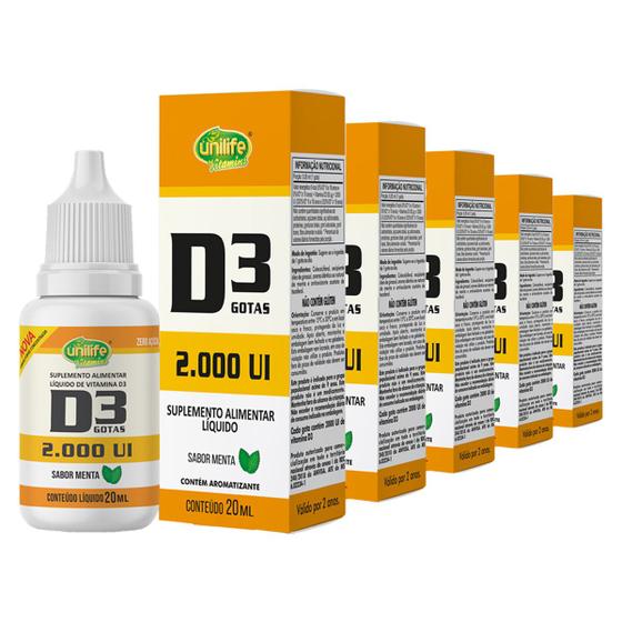 Imagem de Kit 5 Vitamina D3 2.000 UI Unilife Menta 20ml