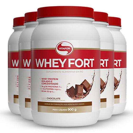 Imagem de Kit 5 Whey Fort 3W Vitafor Chocolate 900g