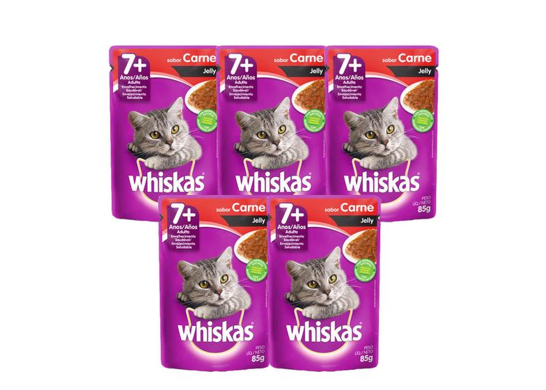 Kit 5 Whiskas Sachê Gatos Sênior Carne Jelly - 85g Menor preço em Kit 5 Whiskas Sachê Gatos Sênior Carne Jelly - 85g