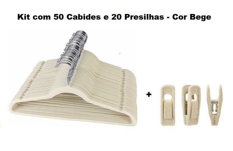 Imagem de Kit 50 Cabides Veludo + 20 Presilhas Veludo - Cor Bege