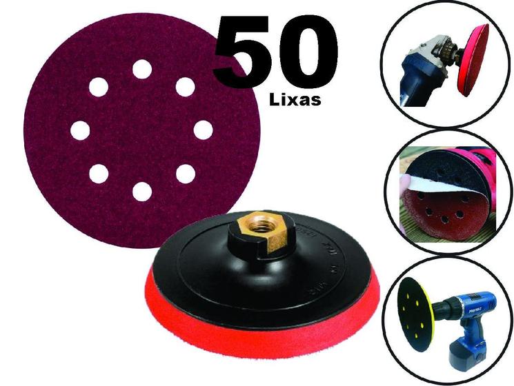 Imagem de Kit 50 Discos Lixas para Lixadeiras Roto Orbital 125mm + Suporte Furadeira/Esmerilhadeira