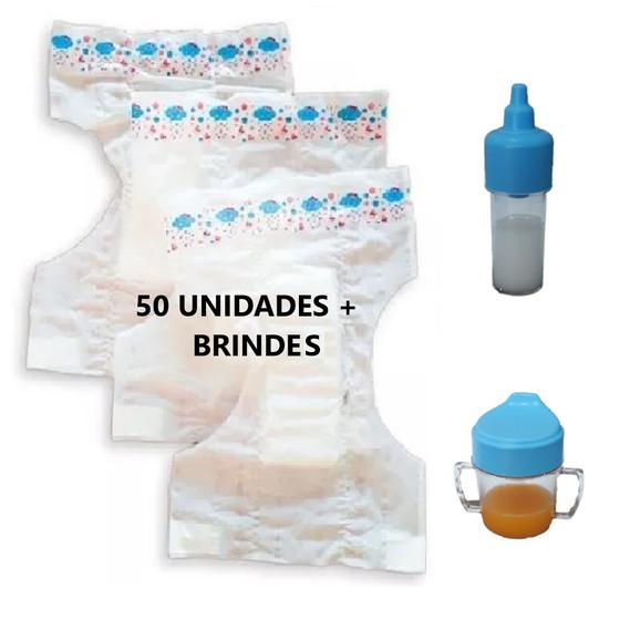 Imagem de Kit 50 Fralda Para Boneca Pequena + Leite E Suco Magico Menino Azul