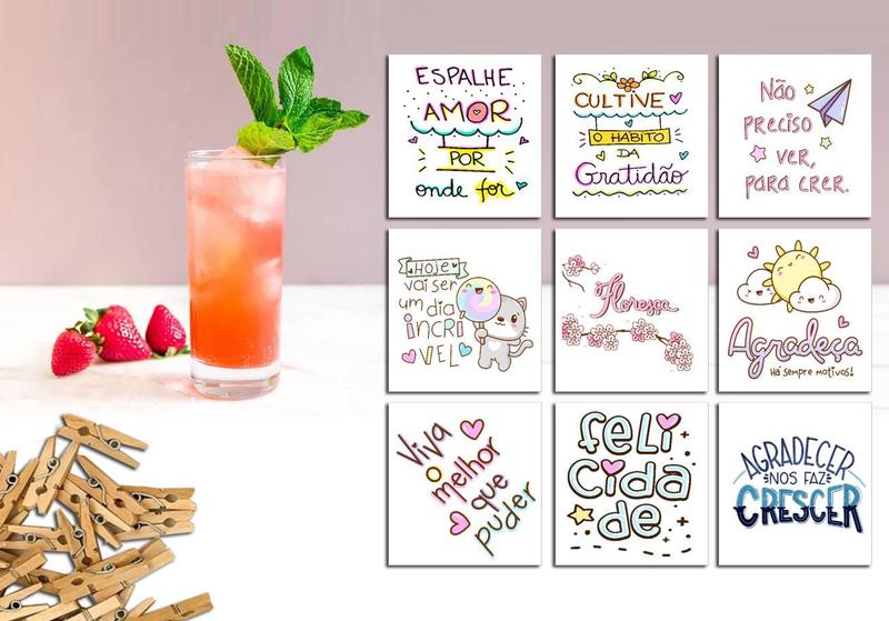 Imagem de Kit 50 Frases motivacionais para drink 5x5cm com pregador