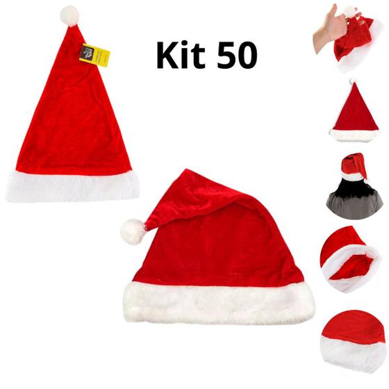 Imagem de Kit 50 Gorro Papai Noel Veludo Vermelho 40 cm Touca Natal Atacado