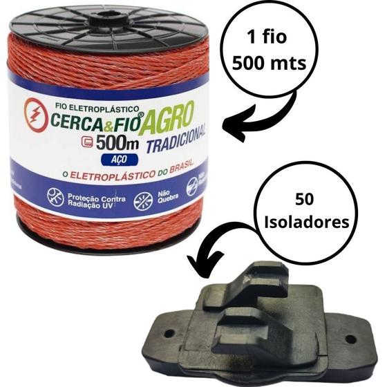 Imagem de Kit 50 Isoladores Tipo W com 1 Fio 500 metros 15x6 Igescat