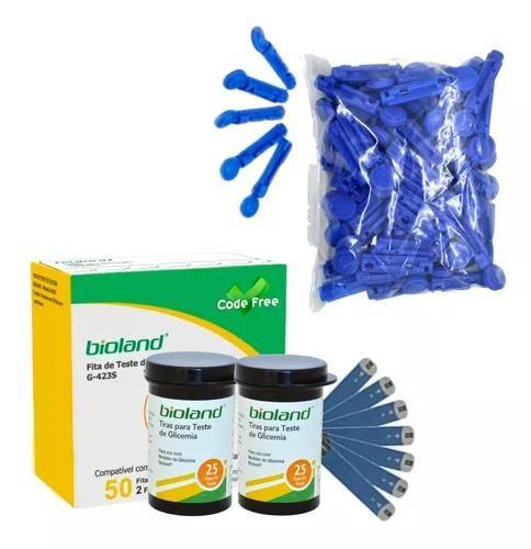 Imagem de  Kit   50 lancetasTiras Fitas para Aparelho Medidor de Glicemia Diabetes Bioland  Com 50 unidades+100 lancetas