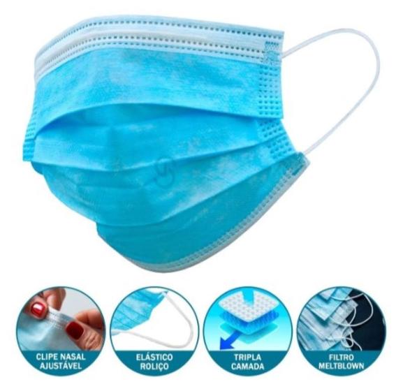 Kit 50 Máscara Descartável Infantil Tripla Camada Com Clipe Nasal Azul