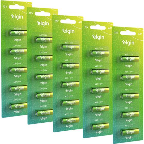 Imagem de Kit 50 pilhas elgin bateria a27 12 volts alcalina pilha para controle alarme 12v 27a longa duração