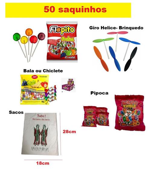 Imagem de Kit 50 Saquinhos de Doces Festa Cosme e Damião c/ brinquedo