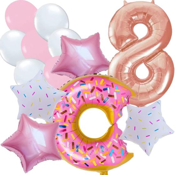 Imagem de Kit 56pçs, Balão Metalizado Donuts 75cm + 4 Estrelas Metalizadas 45cm + 50 Balões de Látex + Balão Metalizado Numero