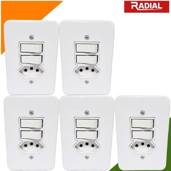 Imagem de Kit 5un Tomada 20A Com Apagador Duplo Interruptor Simples