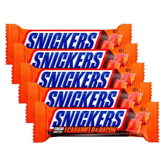 Kit 5X Chocolate Snickers Caramelo e Bacon 42g Chocolate / Barra de