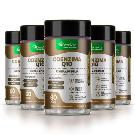 Imagem de Kit 5x Frascos de Coenzima Q10, Ômega 3, Vitamina E, 3X1- Suplemento Alimentar, 300 Capsulas - Denavita