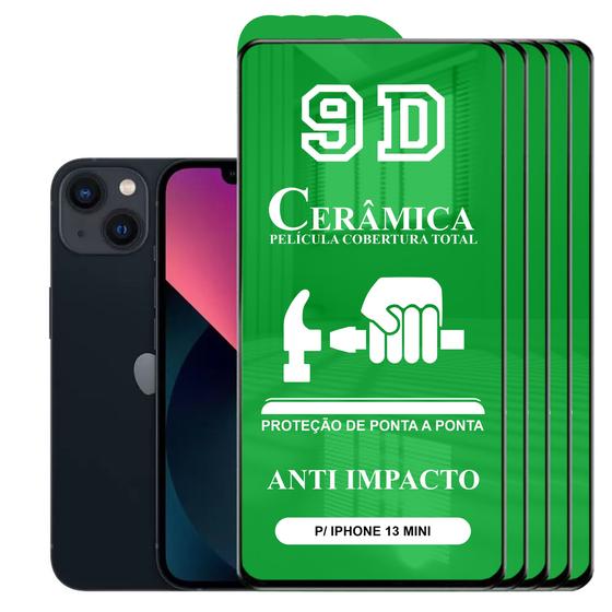 Imagem de Kit 5x Película 9D Cerâmica iPhone 13 Mini - Protetora Anti Impacto Queda Choque Shock Flexível Nano Gel