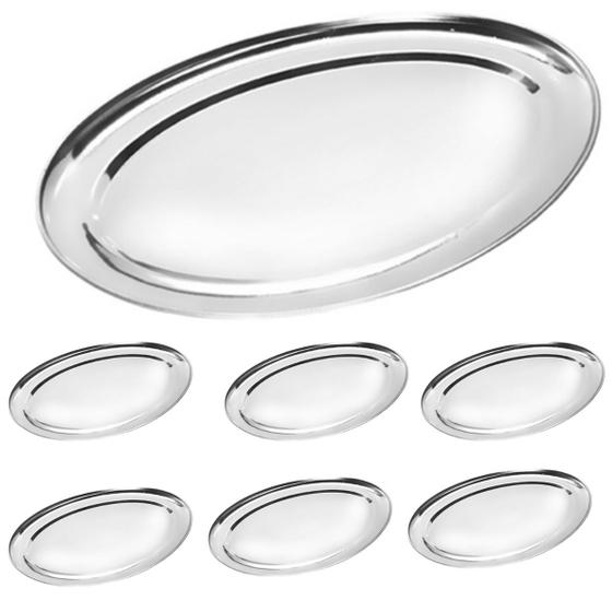 Imagem de Kit 6 Bandeja Travessa Oval Rasa Inox Filé Fritas Peixe 39cm