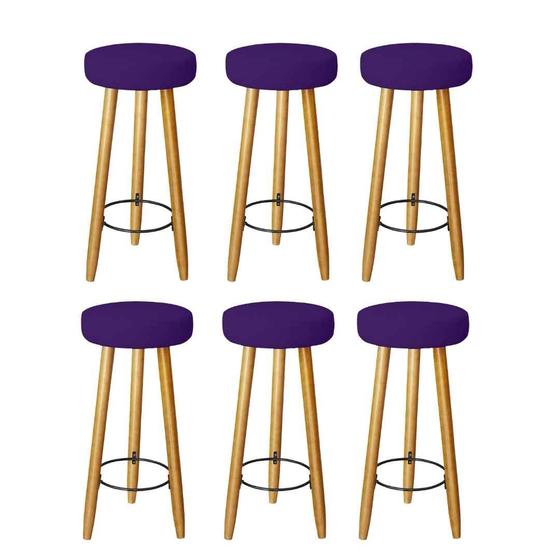 Imagem de Kit 6 Banqueta Alta Elegance Bar Balcão Cozinha Bancada Pé Castanho Suede Roxo - Móveis Mafer