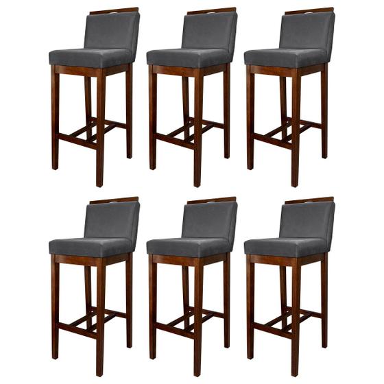 Imagem de Kit 6 Banquetas Alta Estofada com Encosto Líbia Madeira Capuccino Suede Cinza CCS