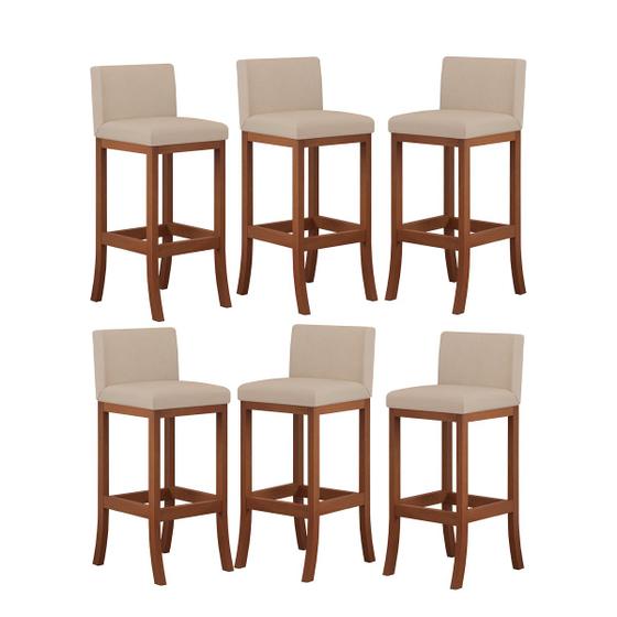 Imagem de Kit 6 Banquetas Média Encosto Estofado 38x90Cm Ilha Espanha Madeira Maciça Castanho Suede Bege CCS