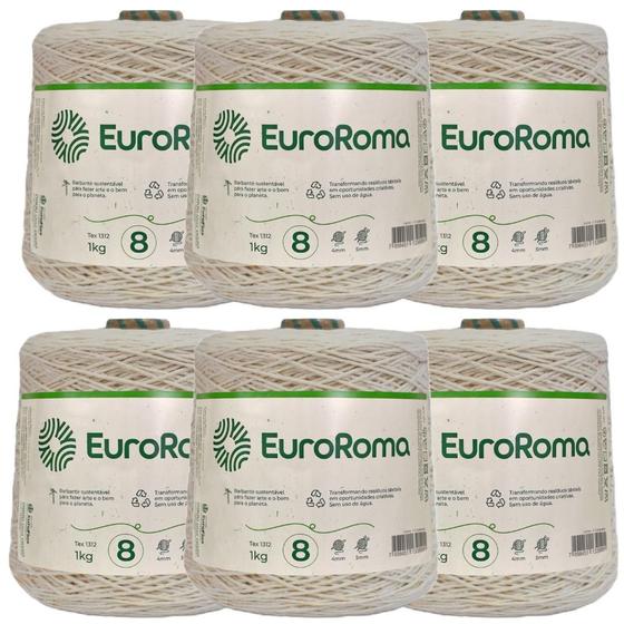 Imagem de Kit 6 Barbantes Euroroma Cru 1 Quilo Fio Número 8 para Confecção de Tapes, Jogos de cozinha e banheiro, Caminho de mesa, Travesseiro e Amigurumi