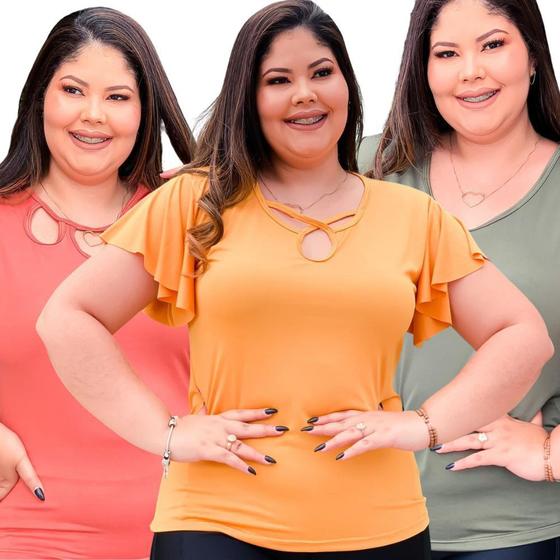 Imagem de Kit 6 Blusa feminina plus size GG lisa conforto