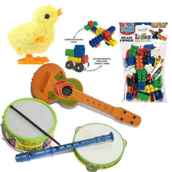 Imagem de Kit 6 Brinquedos Educativos Instrumentos Blocos de Montar Pintinho Tambor Violão pandeiro Flauta Infantil