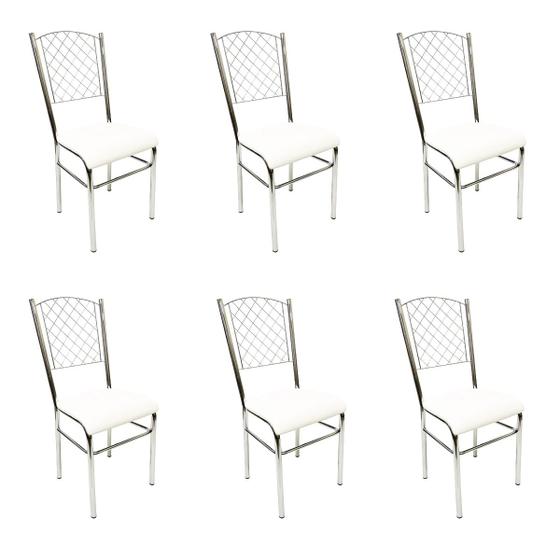 Imagem de Kit 6 Cadeiras de Cozinha com reforço cromada encosto grade assento branco - Poltronas do Sul