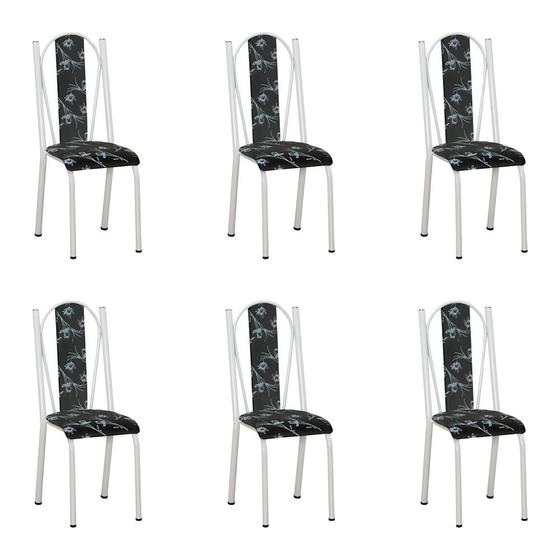 Imagem de Kit 6 Cadeiras de Cozinha Geórgia Estampado Preto Florido Pés de Ferro Branco - Pallazio