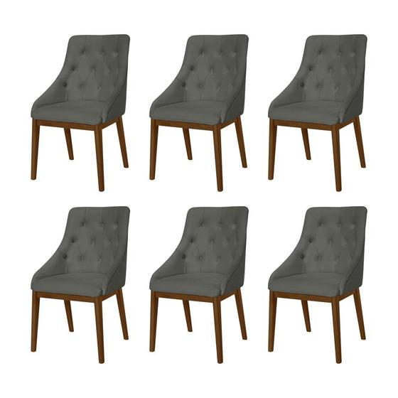 Imagem de Kit 6 Cadeiras de Jantar Luxo Estofada Elisa Anatômica Capitonê Linho Chumbo Base Madeira Maciça Imb