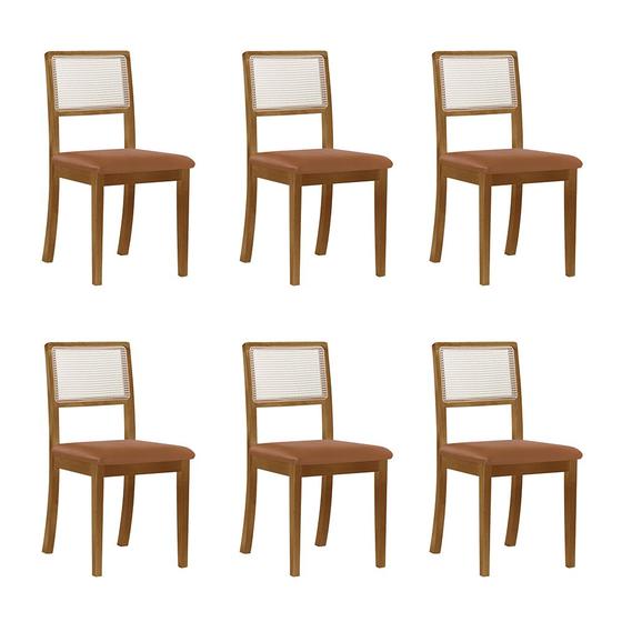 Imagem de Kit 6 Cadeiras de Jantar Madeira Maciça Mel Encosto Telinha Palha Estofada Couro Pu Caramelo Rubi