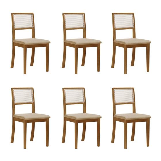 Imagem de Kit 6 Cadeiras de Jantar Madeira Maciça Mel Encosto Telinha Palha Estofada Linho Bege Rubi