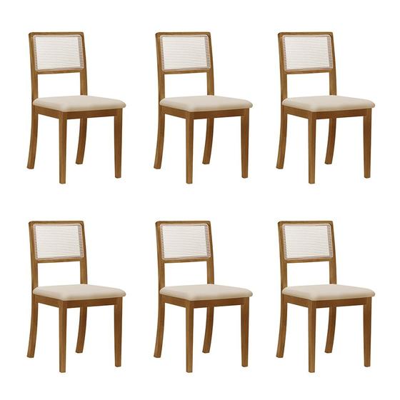 Imagem de Kit 6 Cadeiras de Jantar Madeira Maciça Mel Encosto Telinha Palha Estofada Veludo Bege Rubi