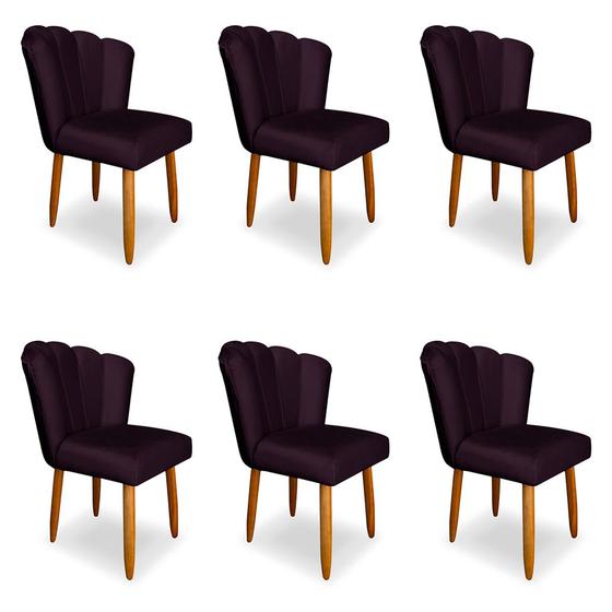 Imagem de Kit 6 Cadeiras de Jantar Pétala Estofada Pés Palito Veludo Roxo - Montanaris Decor