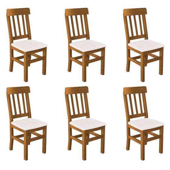 Imagem de Kit 6 Cadeiras Fixas Mineira Madeira Maciça Mel Estofada - Branco