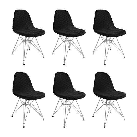 Imagem de Kit 6 Cadeiras Jantar Eames Eiffel Estofadas Preto Base Ferro Branco