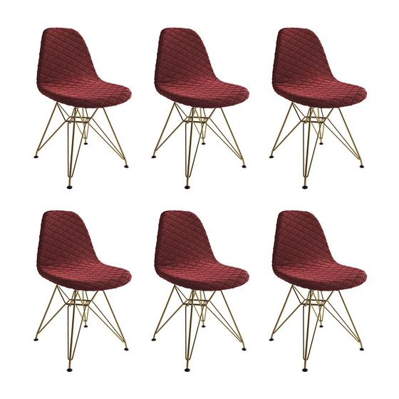 Imagem de Kit 6 Cadeiras Jantar Eames Eiffel Estofadas Vermelho Base Dourado