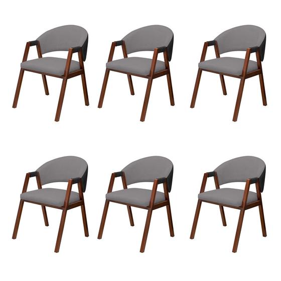 Imagem de Kit 6 Cadeiras Liz Ambiente Sala de Jantar Pés Madeira material sintético Preto e Boucle Cinza
