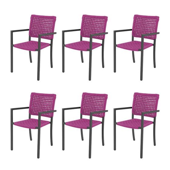 Imagem de Kit 6 Cadeiras Marília Corda Náutica Base em Alumínio Preto/rosa