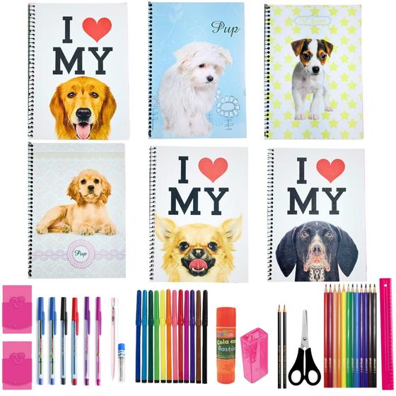 Imagem de Kit 6 Cadernos Love acessórios escolar Pets Capa Dura