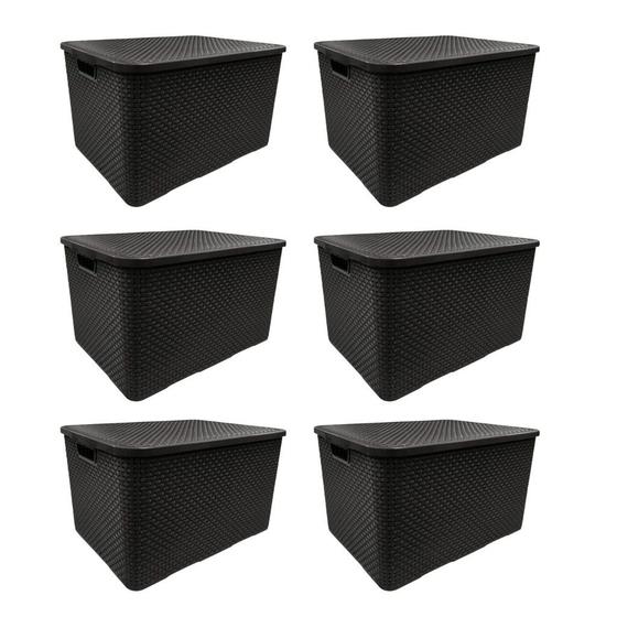 Kit 6 Caixas Organizadoras Rattan 7L Arqplast Preta com Tampa Plástico Multiuso