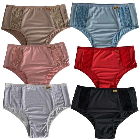 Imagem de Kit 6 Calcinha Calçola Conforto Com Renda Senhora Tangão Cintura Alta Microfibra Lingerie Mulher